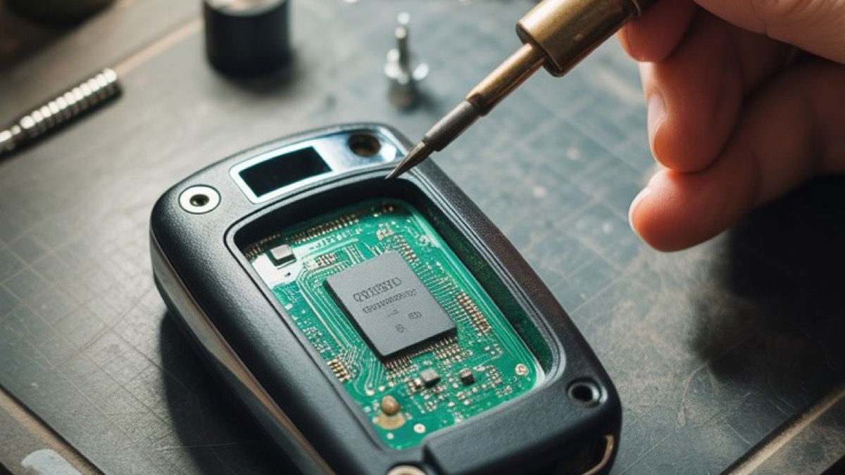Key fob PCB repair on workbench